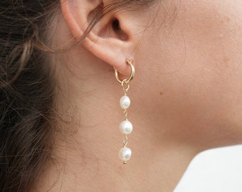 Serenity Tier Pearl Dangling Freshwater Pearl Earrings || 14K Gold Filled Pearl Earrings || Pearl Hoops || Pearl Earrings || Bridal Jewelry