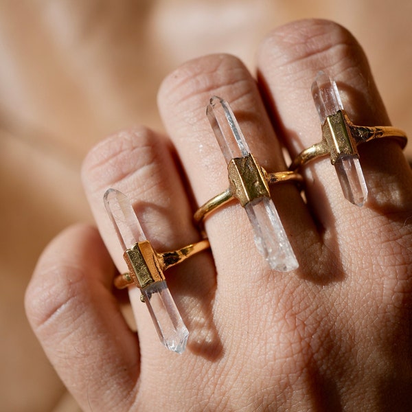 Gold Plated Raw Quartz Point Ring: April Birthstone Jewelry