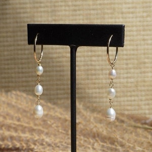 Serenity Dangling Freshwater Pearl Hoops || 14K Gold Filled Pearl Earrings || Pearl Hoops || Bridal Earrings || Bridal Jewelry