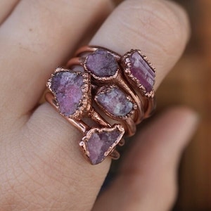 Raw Pink Tourmaline Copper Ring - October Birthstone Jewelry