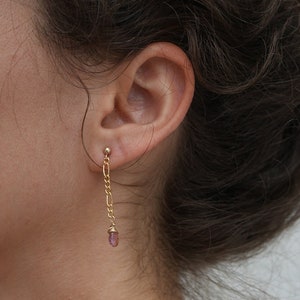 Gold Filled Dangling Crystal Chain Earrings | pink Tourmaline Figaro Chain Earrings || 14K Gold Filled || Wire Wrapped Earrings ||