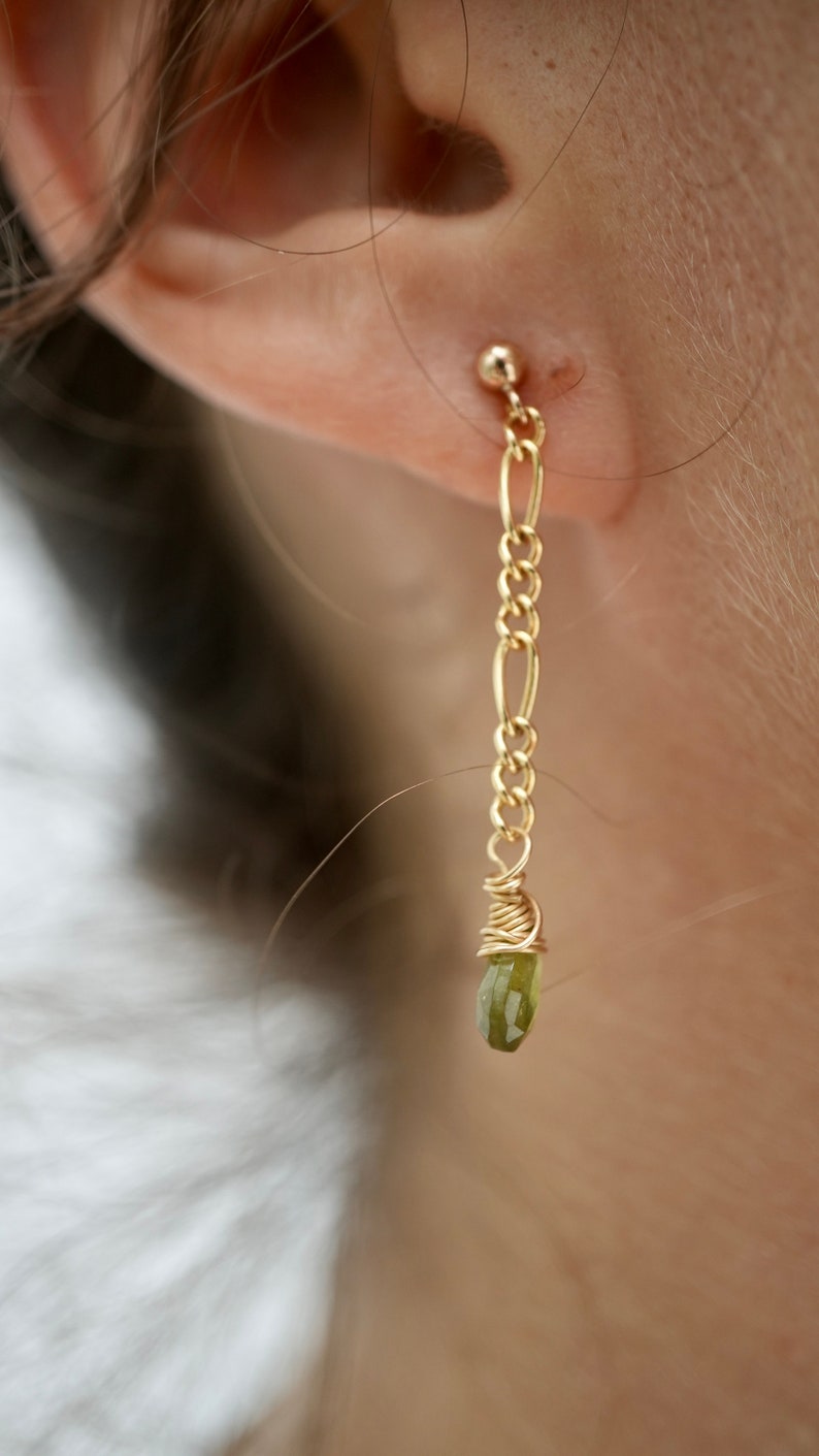 Gold Filled Dangling Crystal Chain Earrings Green Tourmaline Figaro Chain Earrings 14K Gold Filled Wire Wrapped Earrings image 4