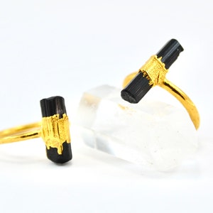 Gold Raw Black Tourmaline Ring | Tourmaline Bar Ring | Natural Black Tourmaline Jewelry | Raw Crystal Ring | Grounding Crystal Ring