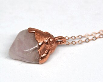 Natural Rose Quartz Necklace | Gemstone Pendant Jewelry | Rose Quartz Healing Stone Necklace | Handmade Rose Quartz Jewelry| Copper Necklace