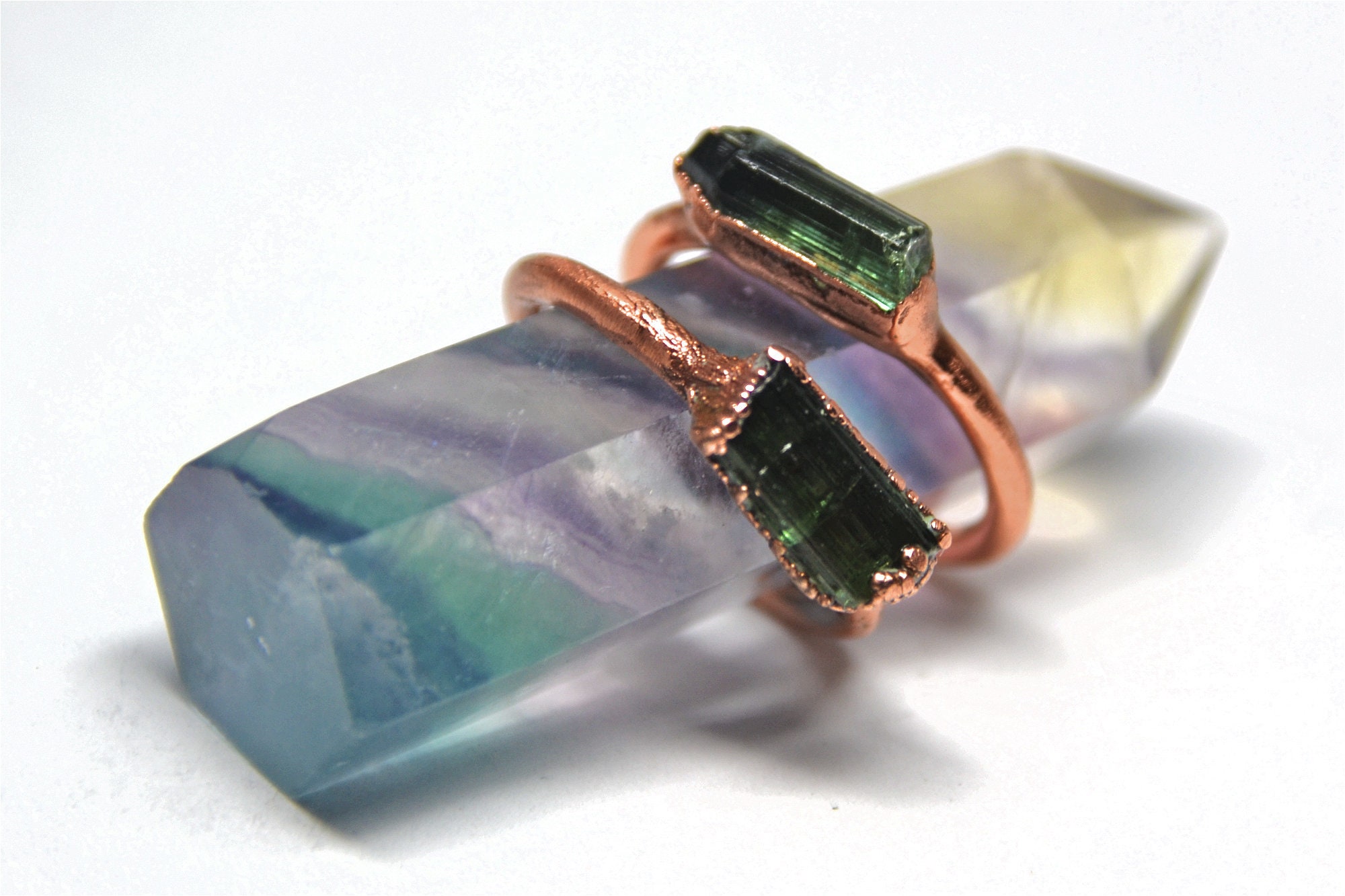 Raw Green Tourmaline Ring | Tourmaline Bar Stacking Ring | Raw Crystal Ring | Raw Tourmaline Jewelry | Electroformed Tourmaline Ring