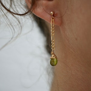 Gold Filled Dangling Crystal Chain Earrings Green Tourmaline Figaro Chain Earrings 14K Gold Filled Wire Wrapped Earrings image 1
