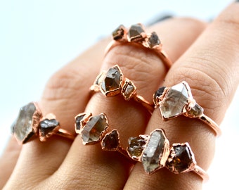 Citrine & Herkimer Diamond Ring | April / November Birthstone | Raw Diamond Ring | Copper Crystal Ring | Electroformed  | Multi-Stone Ring