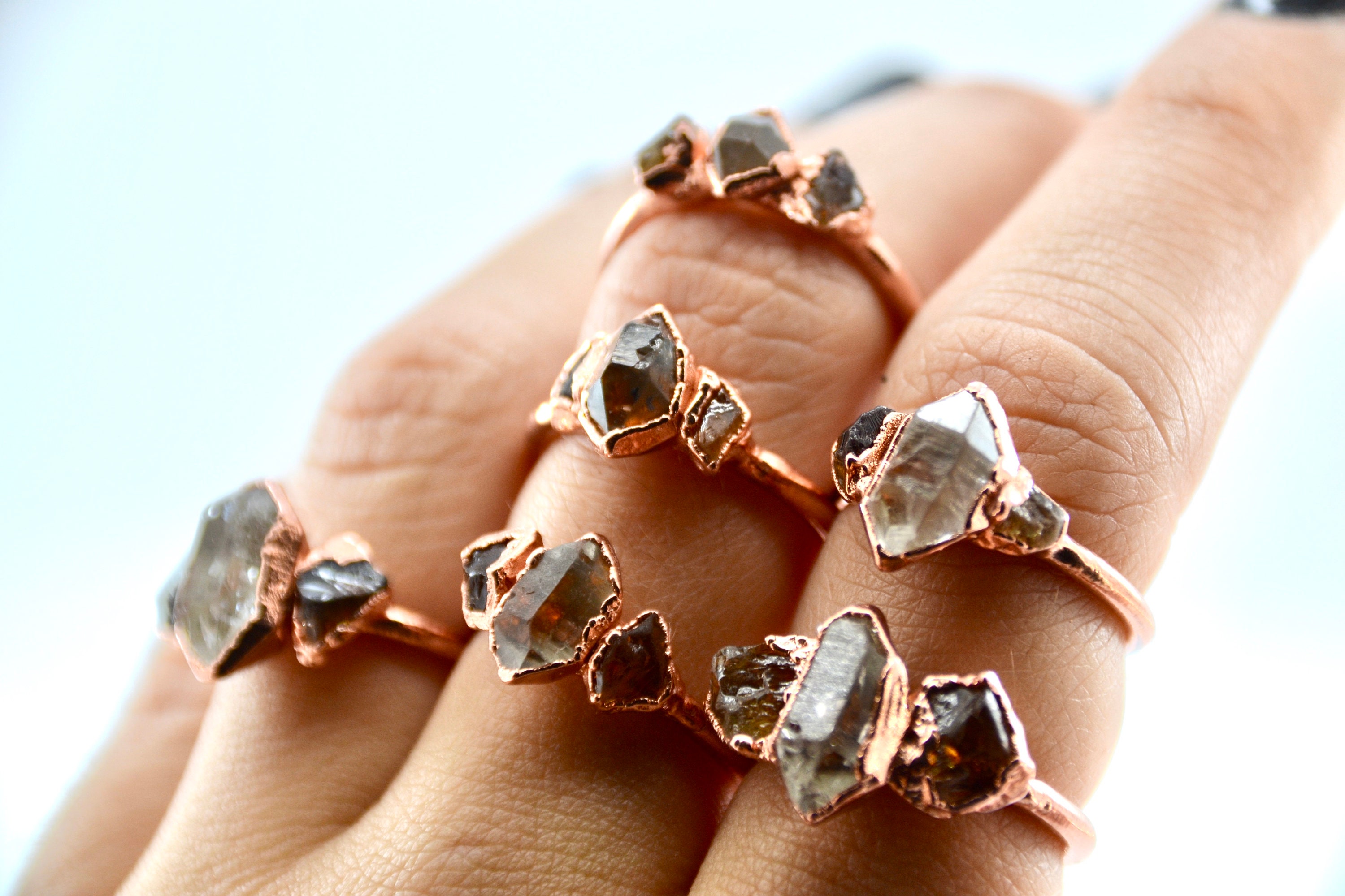 Electroformed Copper Ring: Raw Citrine & Herkimer Diamond Multi-Stone