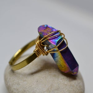 Rainbow Quartz Ring/ Wire Wrapped Quartz Crystal Ring/ Quartz Wrapped Ring/ Crystal Ring/ Titanium Quartz Ring/ Cocktail Ring/ Raw Crystal