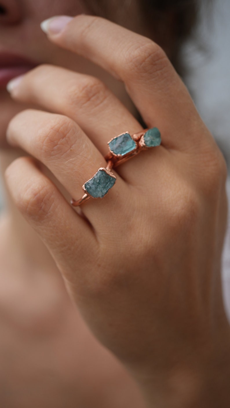 Raw Blue Apatite Ring Blue Apatite Ring Gemstone Ring Rough Crystal Ring Raw Stone Ring Raw Crystal Ring Bohemian Style Ring image 1