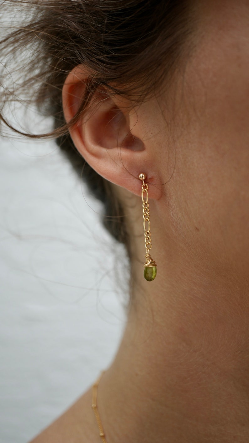 Gold Filled Dangling Crystal Chain Earrings Green Tourmaline Figaro Chain Earrings 14K Gold Filled Wire Wrapped Earrings image 3