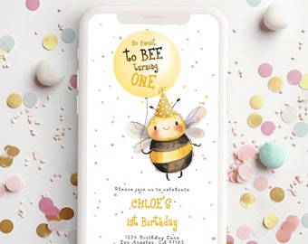 Bee 1st Birthday Party Evite, So Sweet to be Turning one BEE Electronic invitation, Personalize and Edit on CORJL, INSTANT download