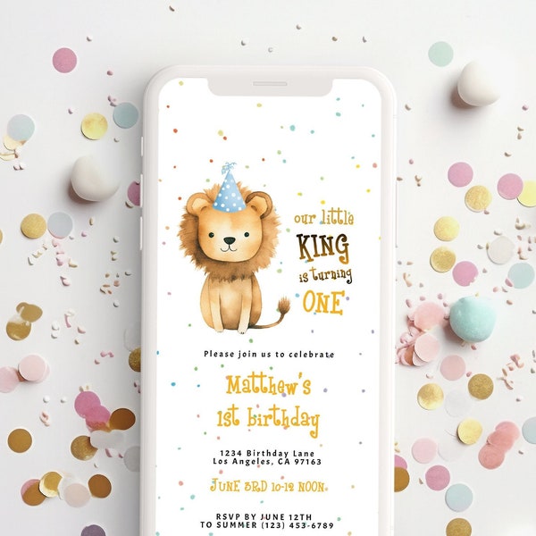 Lion 1st Birthday Party Evite, Our little King is turning one, Lion Electronic invitation, Personalize &  Edit on CORJL, INSTANT download 87