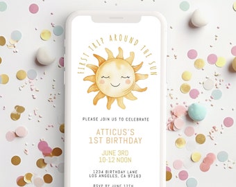 First Trip around the Sun 1st Birthday Party Text Evite, 1st birthday Sun digital invite, Personalize and Edit on CORJL, INSTANT download