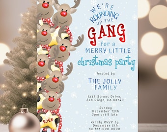 Editable Cute Reindeer Christmas Party invitation, Rounding up the Gang, Reindeer themed invite holiday, Edit with CORJL, Instant Download