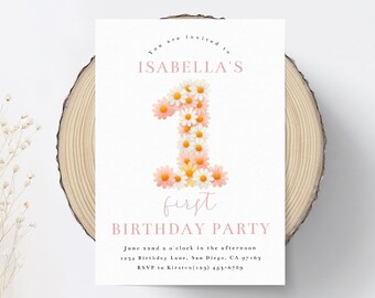 1er anniversaire Daisy MODifiable, invitation d'anniversaire de première fille de marguerites minimales, imprimable à la maison, téléchargement immédiat, modifier sur CORJL, D001
