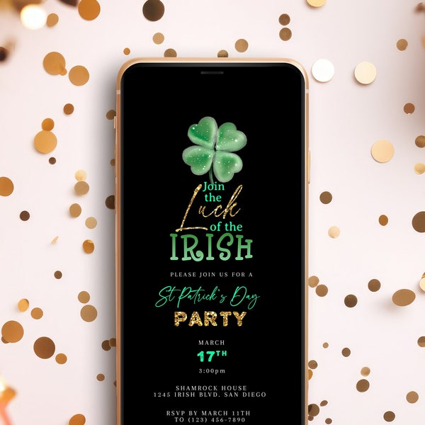 Editable St. Patrick's Day Party Invitation - Instant Digital Download, Join the Luck of the Irish Electronic invitation, Edit on CORJL
