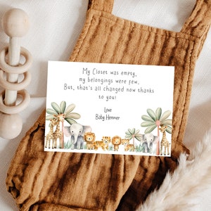 Bewerkbare, vooraf geschreven bedankkaart voor babyshowers, safari-babyshowerkaarten, aanpasbaar bedankje, thuis afdrukbaar, bewerken op CORJL.com 004