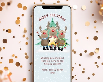 May include: A digital Christmas card featuring three cartoon reindeer wearing Santa hats and holding glasses of wine. The card says "Merry Christmas 2023" and "Wishing you and your family a very happy holiday season! Mark, Jess & Sarah XXX".