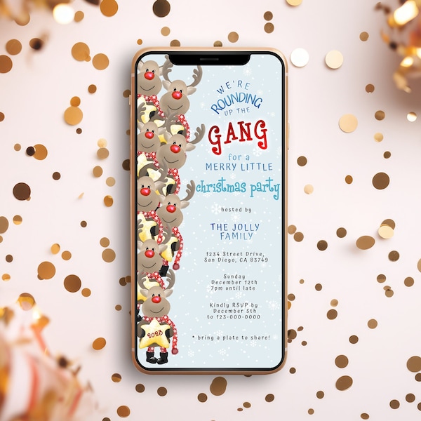 Holiday Party Evite, Cute Reindeer Electronic Christmas Party Invitation, Personalize and Edit on CORJL, INSTANT download