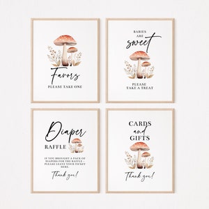 Placas de mesa de chá de bebê MUSHROOM editáveis, Placas de festa Little Fungi, Decoração de festa Woodland Mushroom, Editar no CORJL Download instantâneo, 913