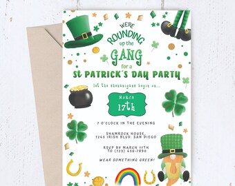 Bearbeitbare St. Patrick's Day Party Einladung - Sofortiger digitaler Download, Gnom, Regenbogen, Kleeblätter Design, Bearbeitung auf CORJL