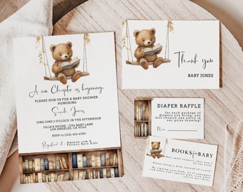 Editable Storybook Baby Shower Invitation Bundle, Bear reading Book Gender neutral Baby Shower Set, Edit on CORJL.com, Instant Download S001