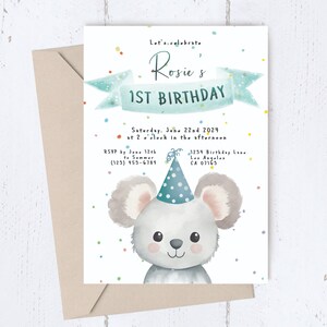 Invito di compleanno Koala modificabile, Aggiungi qualsiasi età, Invito alla festa Koala, Simpatico compleanno per bambini Koala coccoloso stampabile a casa, Modifica su CORJL.com B056