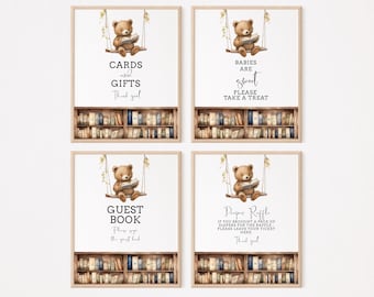 Editable Storybook Baby Shower Table Signs, Woodland Bear in Swing Reading Party, Book Shower Sign, Edit on CORJL INSTANT DOWNLOAD S001