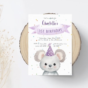 Invito di compleanno Koala modificabile, Aggiungi qualsiasi età, Invito alla festa di Koala per ragazze, Compleanno per bambini stampabile a casa, Modifica su CORJL.com B056
