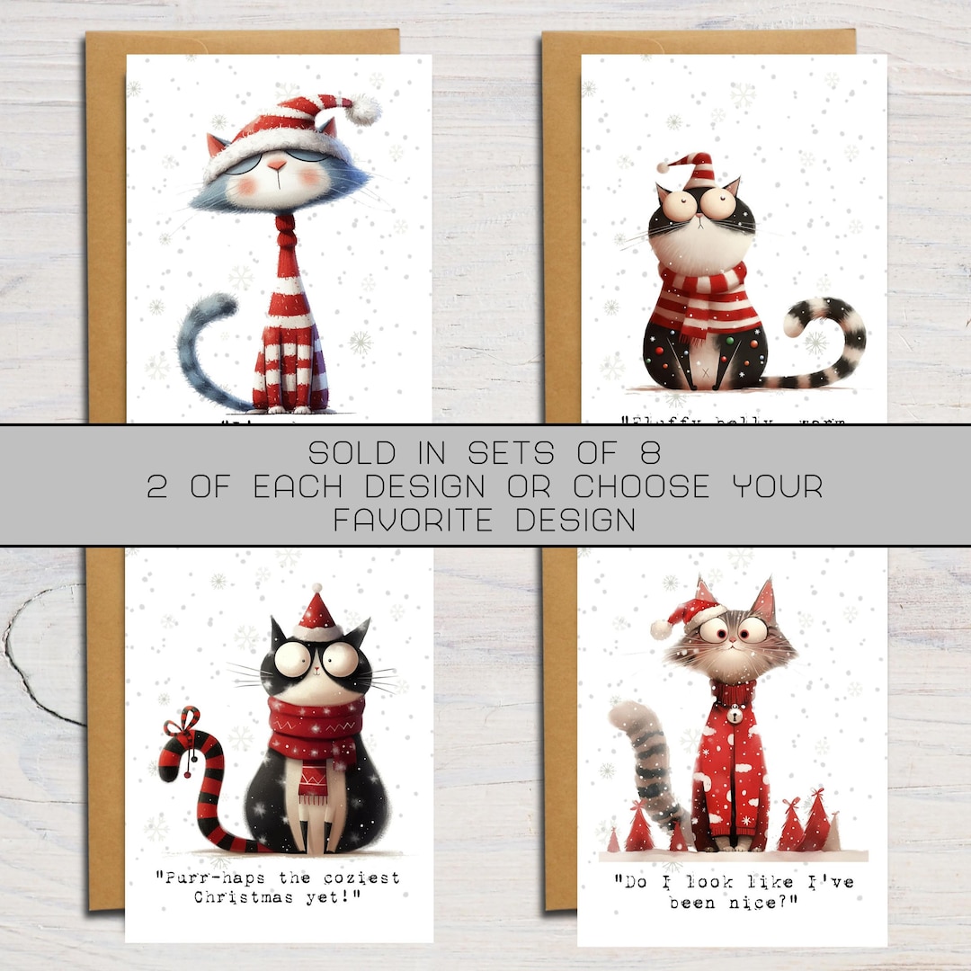 PRINTED Funny and Cute Cat Christmas Cards – Set of 8 Small Holiday ...