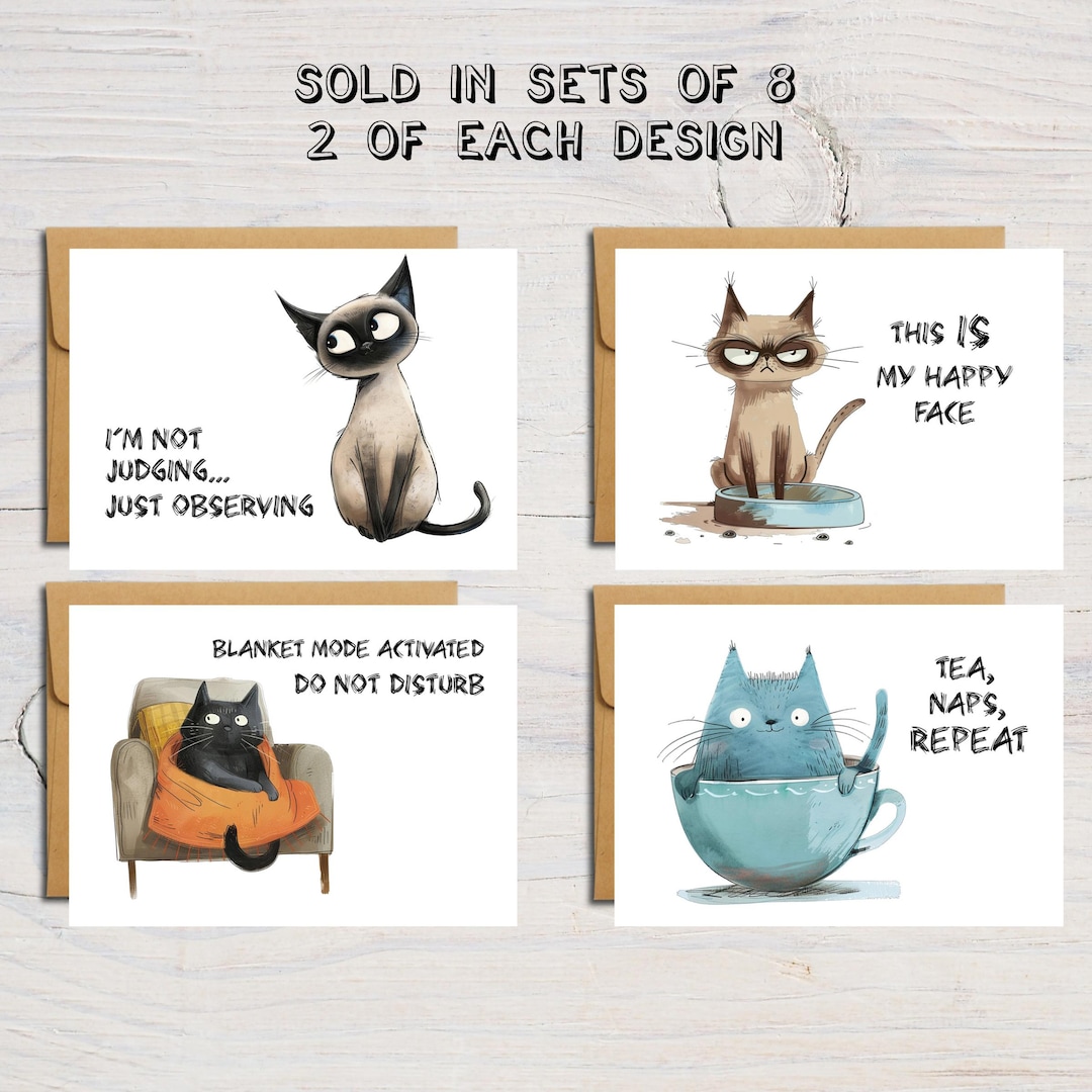 PRINTED Set of 8 Funny Cat Note Cards – 4 Designs – Sarcastic Cat ...