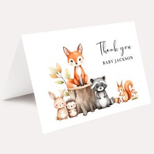 PRINTED Set of Woodland Baby Shower Thank you cards, Woodland Animals Themed Folded Note Cards, Forest Baby Shower, Personalized Stationary