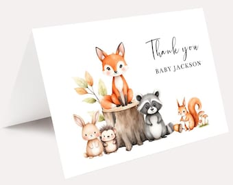 PRINTED Set of Woodland Baby Shower Thank you cards, Woodland Animals Themed Folded Note Cards, Forest Baby Shower, Personalized Stationary