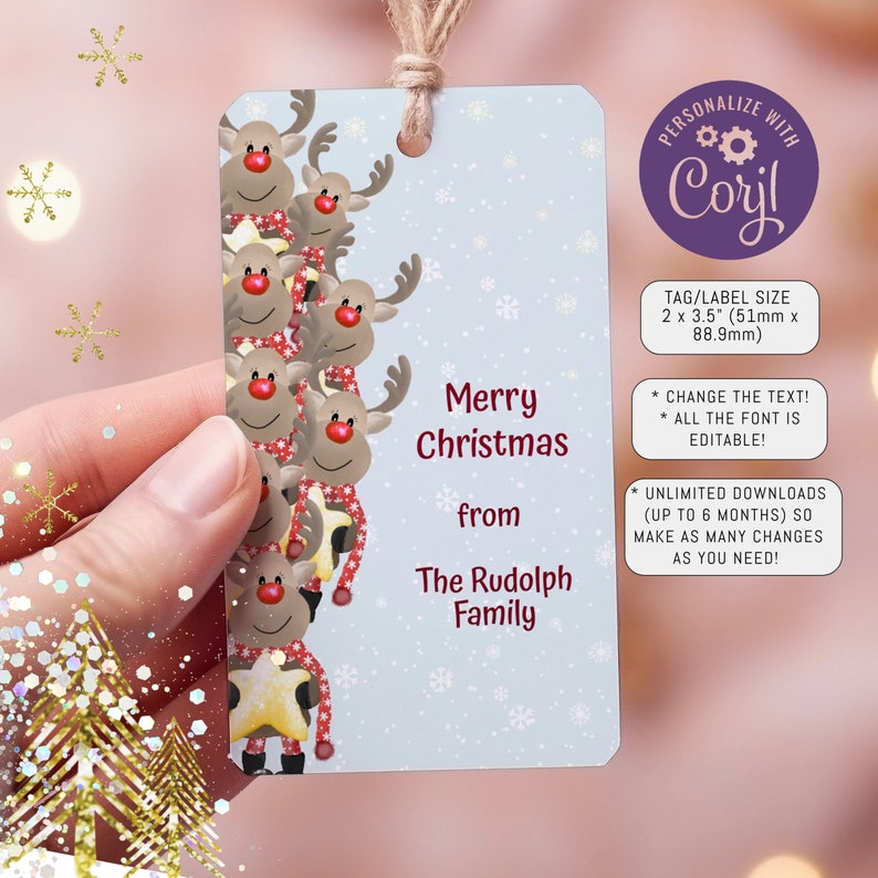 EDITABLE Christmas Labels Reindeer Gift Tags Cute Rudolph - Etsy