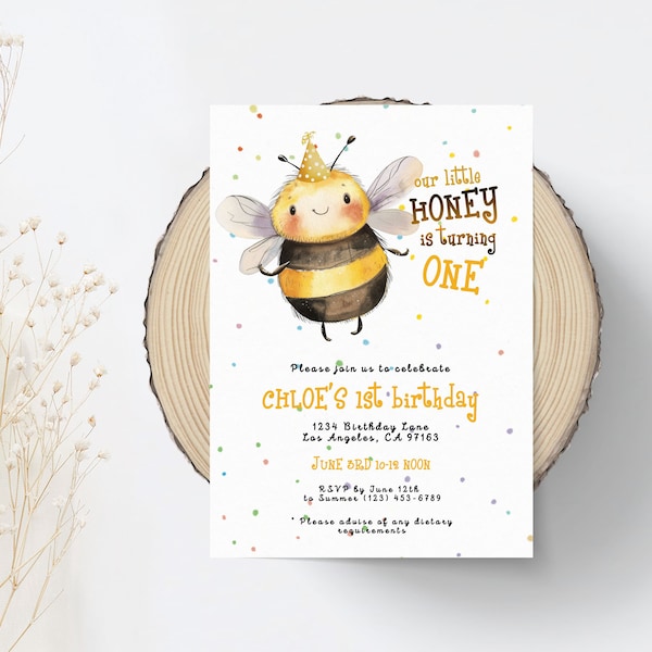 BEE 1st Birthday Invite, Our Little Honey is turning One Invitation, Editable and Printable at home on CORJL.com