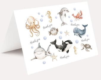 PRINTED Set of 10 Sea Life Thank You Cards, Under the Sea Thank You Note Cards, Baby Shark, Shower Folded Thank You Notecards, Sea Animals