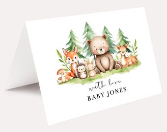 PRINTED Set of 10 Woodland Baby Shower Thank you cards, Forest Scene Woodland Trees, Baby Bear and Deer Folded Note Cards, Baby Animals Card