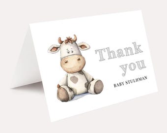 PRINTED Set of 10 Cow Baby Shower Thank you cards, Calf Baby Farmyard Folded Note Cards, Nursery Toy Cow Baby Shower Small note cards