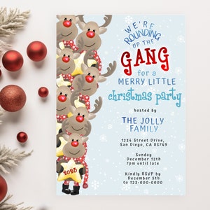 Editable Cute Reindeer Christmas Party invitation, Rounding up the Gang, Reindeer themed invite holiday, Edit with CORJL, Instant Download