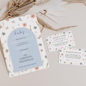 Baby in Bloom Baby Shower Invitation Bundle – Editable Floral Invite, Raffle Card & Book Request – Corjl Template – Pink Blue White Options