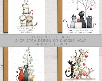 PRINTED Funny Cat Christmas Cards - Set of 8 Holiday Designs, Mix and Max 4 Designs to Choose from, with Kraft Envelopes