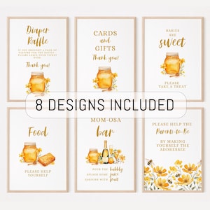 Panneaux modifiables de table de baby shower au miel, panneaux de fête sur le thème des abeilles, décoration de fête Little Honey is on the way, édition sur téléchargement instantané CORJL, B12