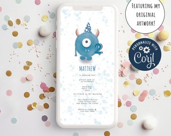 2nd Birthday Little Monster Birthday Evite, Electronic Cute Monster Party Invitation, Birthday E-Invitation, Edit on CORJL, INSTANT download