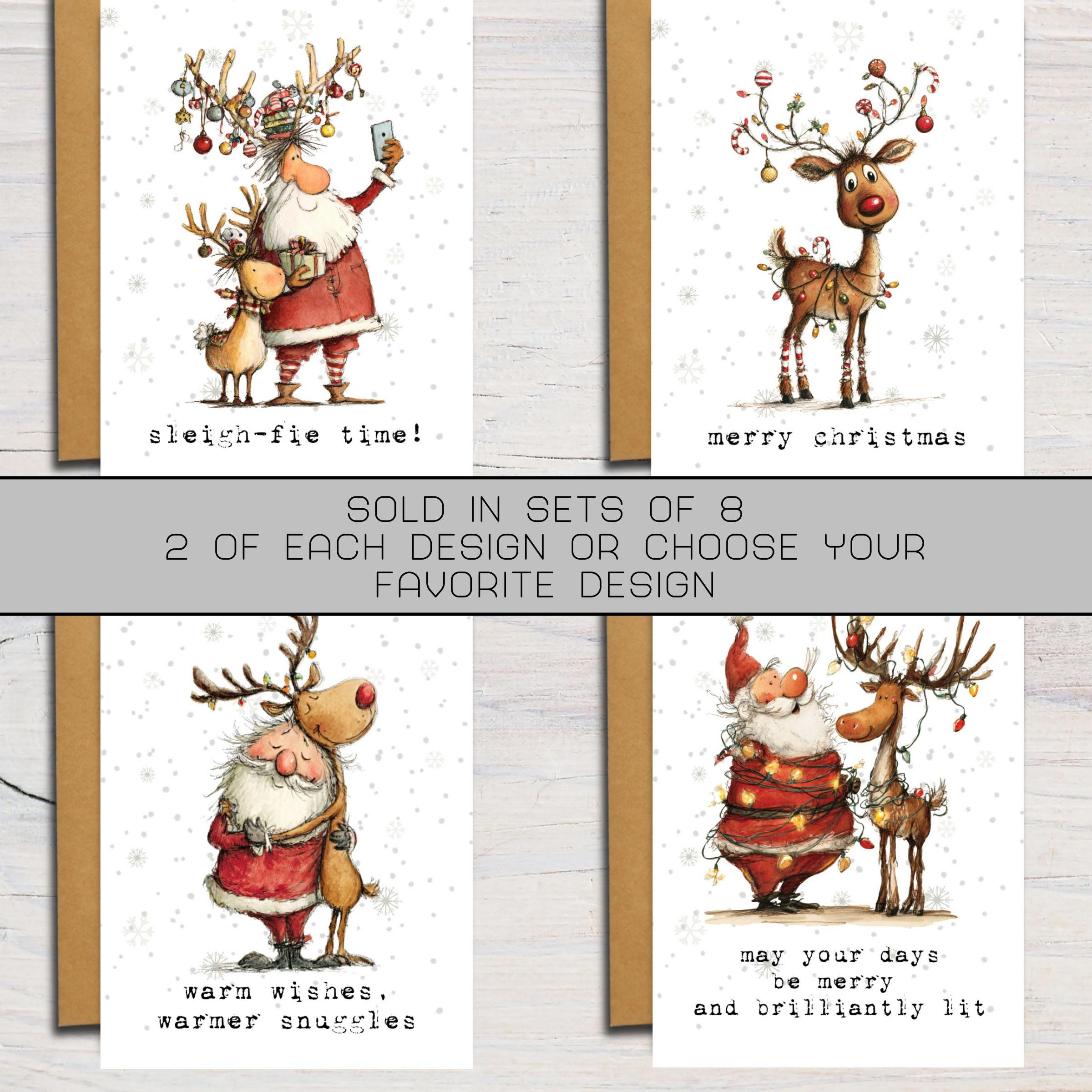 Christmas Cards – Santa Reindeer Whimsical Illustrations, Set of 8 ...