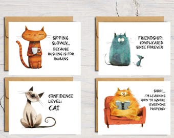 PRINTED Funny Cat Quote Cards – Set of 8 Small Blank Note Cards with Kraft Envelopes – Quirky & Mini Cat Greeting Cards - 4 Designs included
