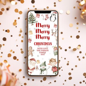 Cartão de Natal eletrônico, Papai Noel festivo, elfo e boneco de neve E-Card para o Natal, Cartão digital, Editar no CORJL, Download INSTANTÂNEO C300