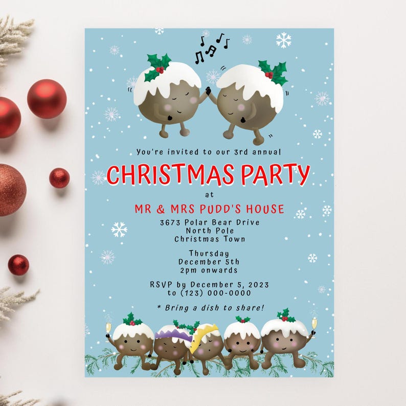 Christmas Party Invitation, Holiday Christmas Puddings Partying Invite