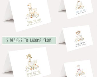 May include: White folded cards with watercolor illustrations of geese in various outfits and floral arrangements. Text reads "Thank You From" and "5 Designs to Choose From". Ideal for baby showers.