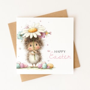 May include: An Easter greeting card featuring a cute hedgehog holding a large daisy umbrella. The card has the words "Happy Easter" in pink script. Pastel-colored Easter eggs are at the bottom of the card, with a brown envelope behind it.